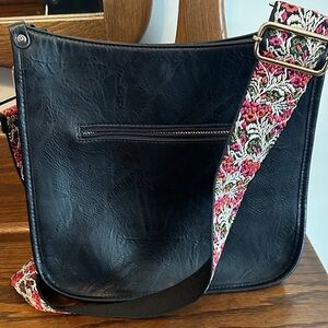 Viva Terry Black Leather Crossbody Bag with Floral Strap